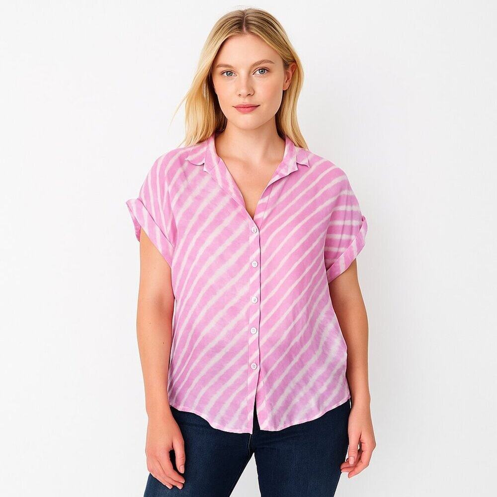 2/$30 Cassandra Harper Striped Cuffed Button-Down Shirt Cap Sleeve Pink #9982